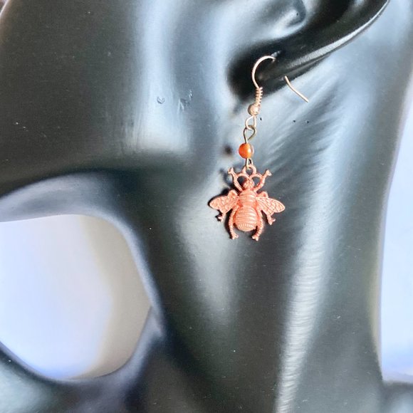 Carnelian Bead Bumble Bee Earrings Rose Gold Plated Dangle Queen Bea Orange - Picture 3 of 12